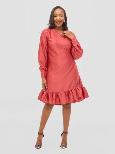Vivo Merika Knee Length Wrap Dress - Rust - Shopzetu