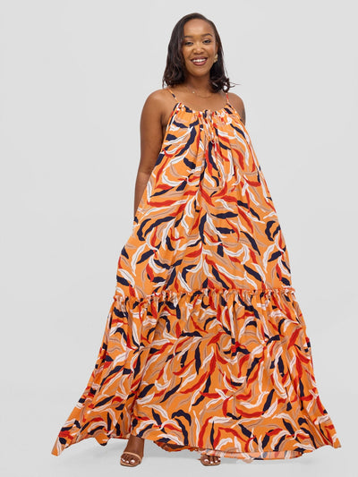 Vivo Sarabi Strappy Flounce Maxi Dress - Orange / Black Mali Print - Shopzetu