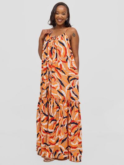 Vivo Sarabi Strappy Flounce Maxi Dress - Orange / Black Mali Print - Shopzetu