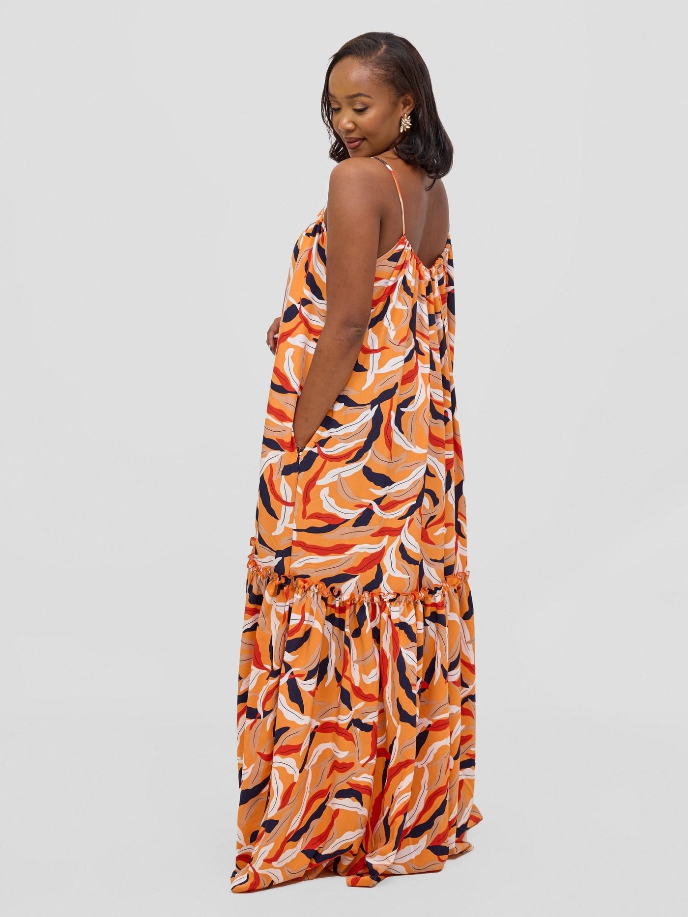 Vivo Sarabi Strappy Flounce Maxi Dress - Orange / Black Mali Print - Shopzetu