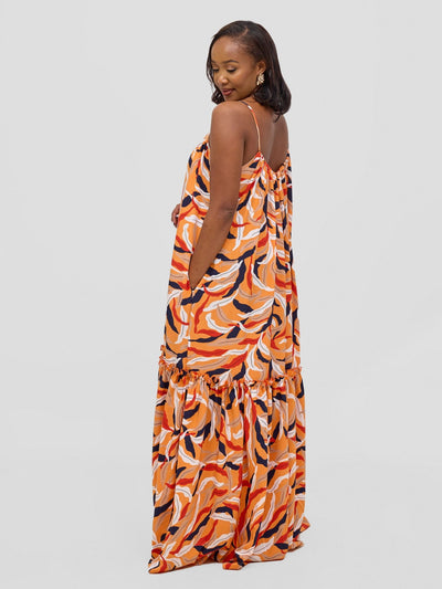 Vivo Sarabi Strappy Flounce Maxi Dress - Orange / Black Mali Print - Shopzetu