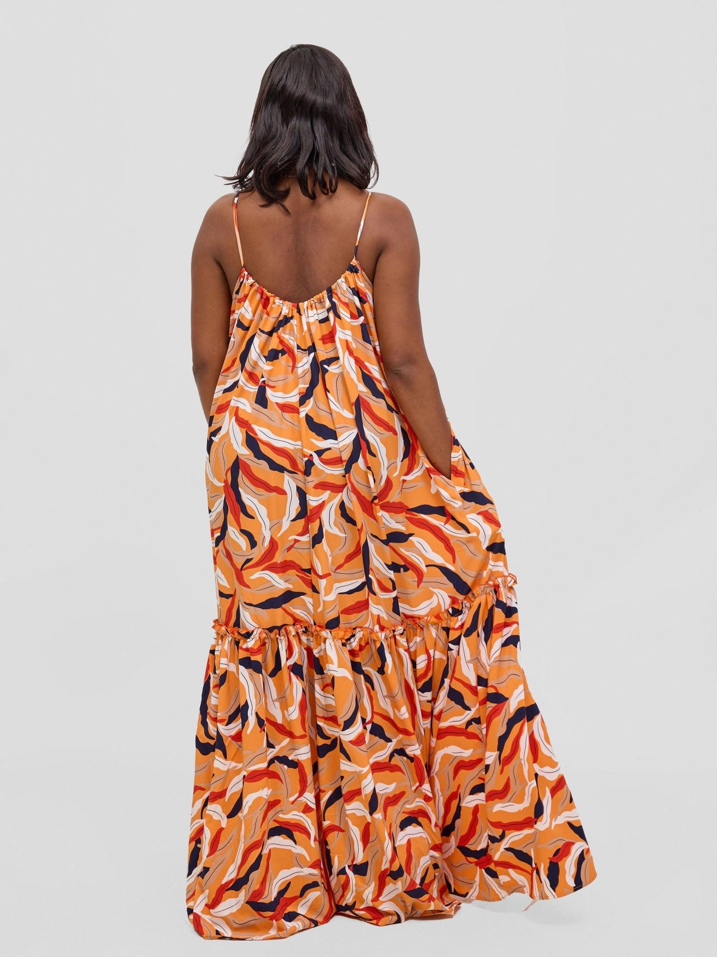 Vivo Sarabi Strappy Flounce Maxi Dress - Orange / Black Mali Print - Shopzetu