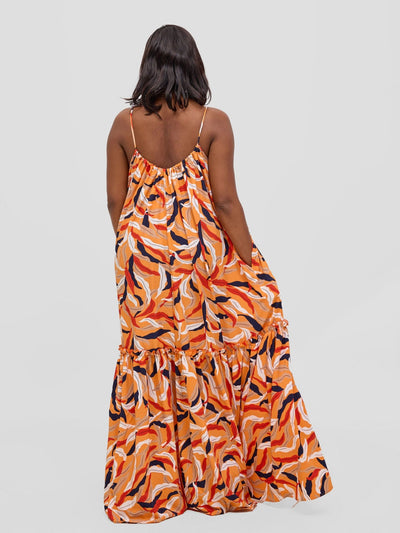 Vivo Sarabi Strappy Flounce Maxi Dress - Orange / Black Mali Print - Shopzetu