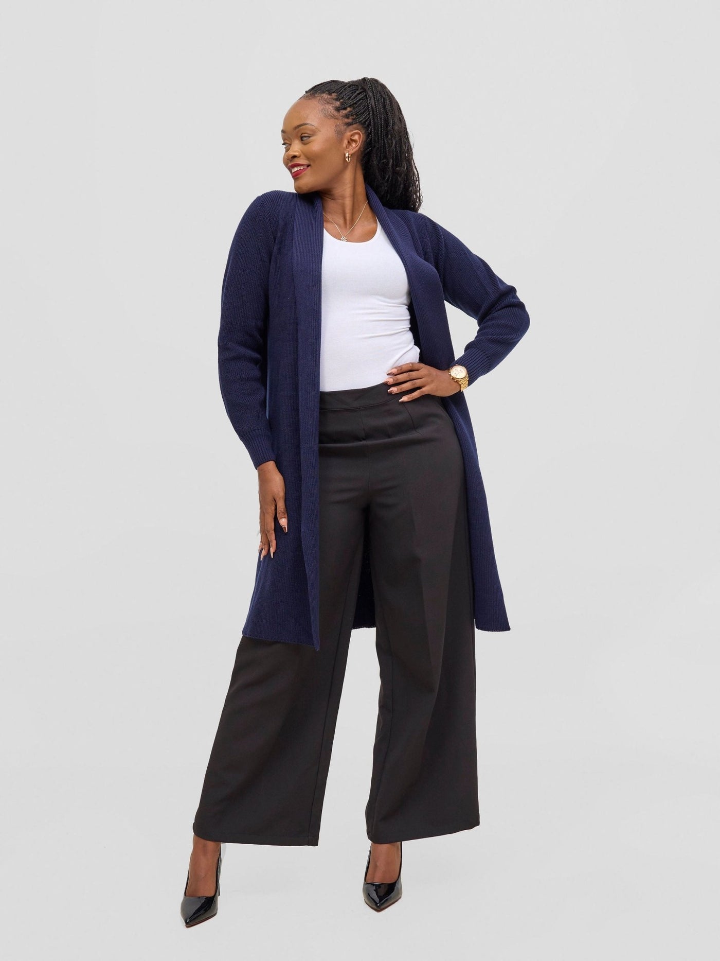Vivo Long Sleeve Midi Waterfall - Navy Blue - Shopzetu