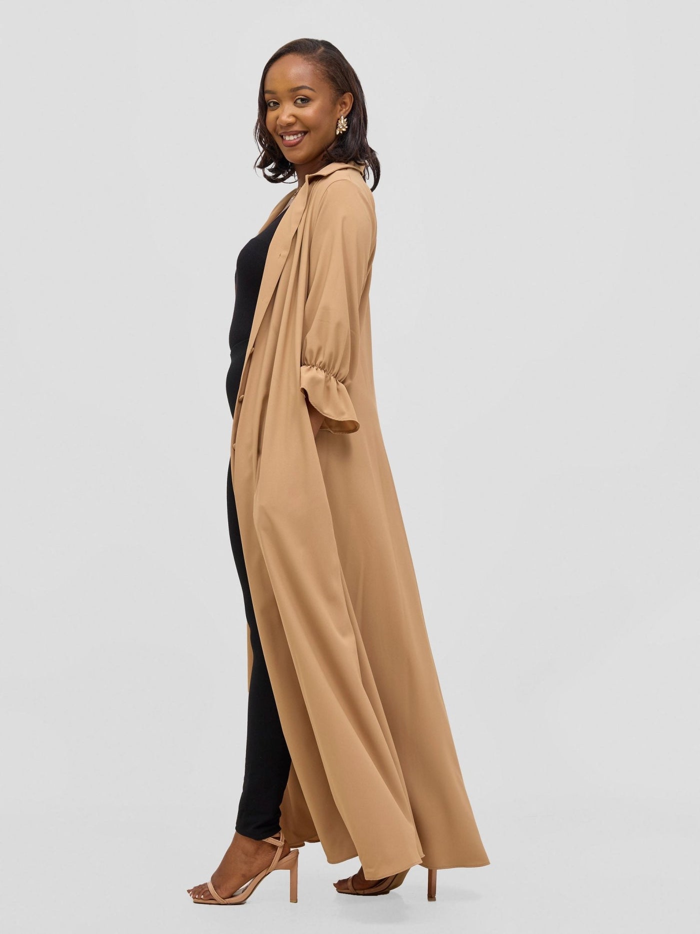 Vivo Hadiya Flounce Sleeve Maxi Dress - Light Tan - Shopzetu