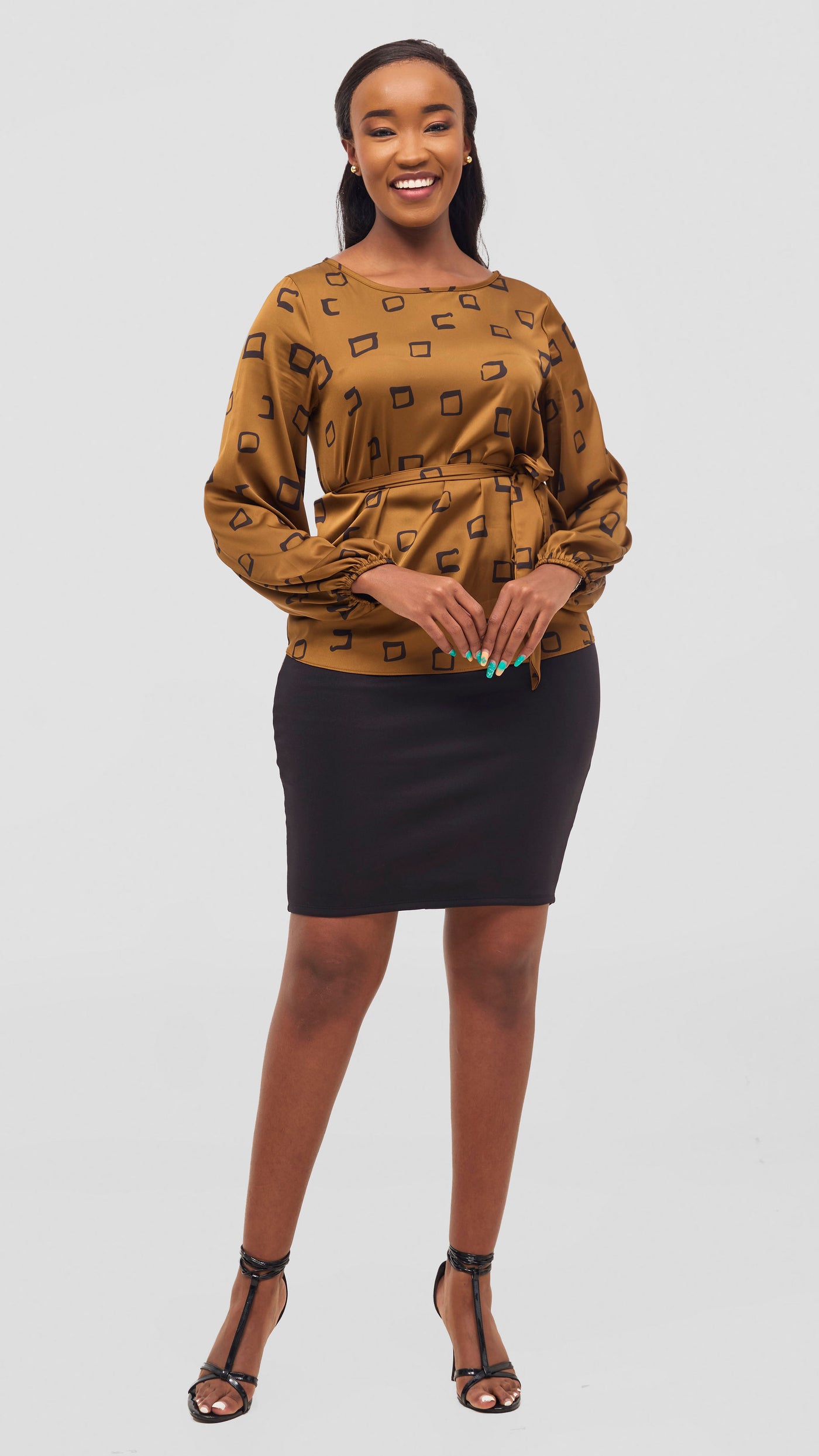 Vivo Basic Satin Bishop Sleeve Top - Tan / Black Nita Print