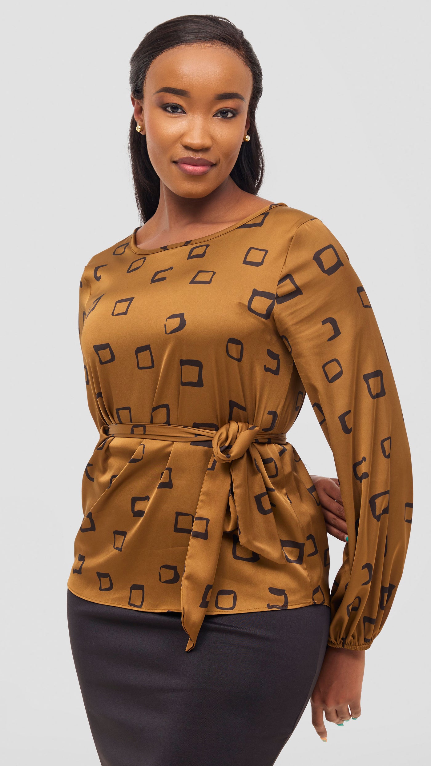 Vivo Basic Satin Bishop Sleeve Top - Tan / Black Nita Print