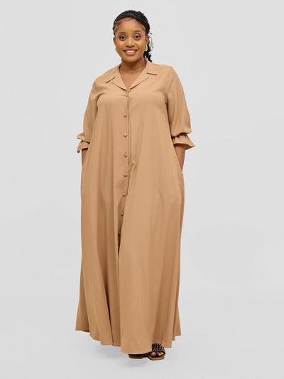 Vivo Hadiya Flounce Sleeve Maxi Dress - Light Tan - Shopzetu