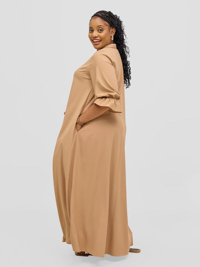 Vivo Hadiya Flounce Sleeve Maxi Dress - Light Tan - Shopzetu