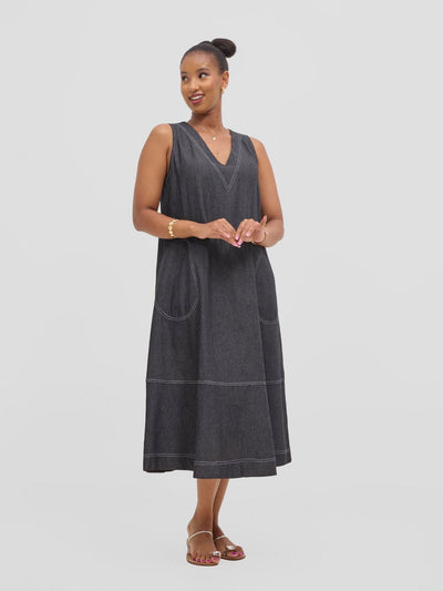 Vivo Seli V - Neck Midi Dress - Black - Shopzetu