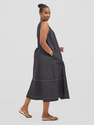 Vivo Seli V - Neck Midi Dress - Black - Shopzetu