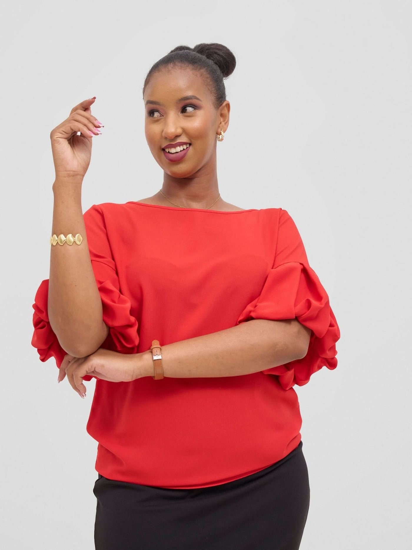 Vivo Basic Boundneck Puff Sleeve Top - Red - Shopzetu