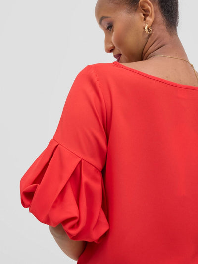 Vivo Basic Boundneck Puff Sleeve Top - Red - Shopzetu
