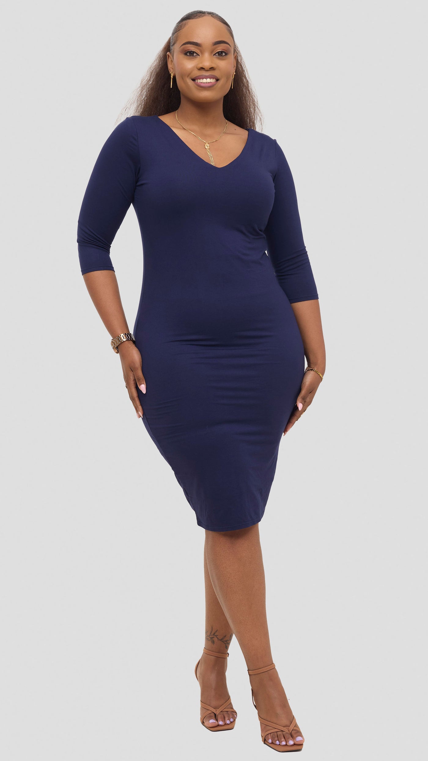 Vivo Basic 3/4 Sleeve Double Layered Bodycon Dress - Navy Blue