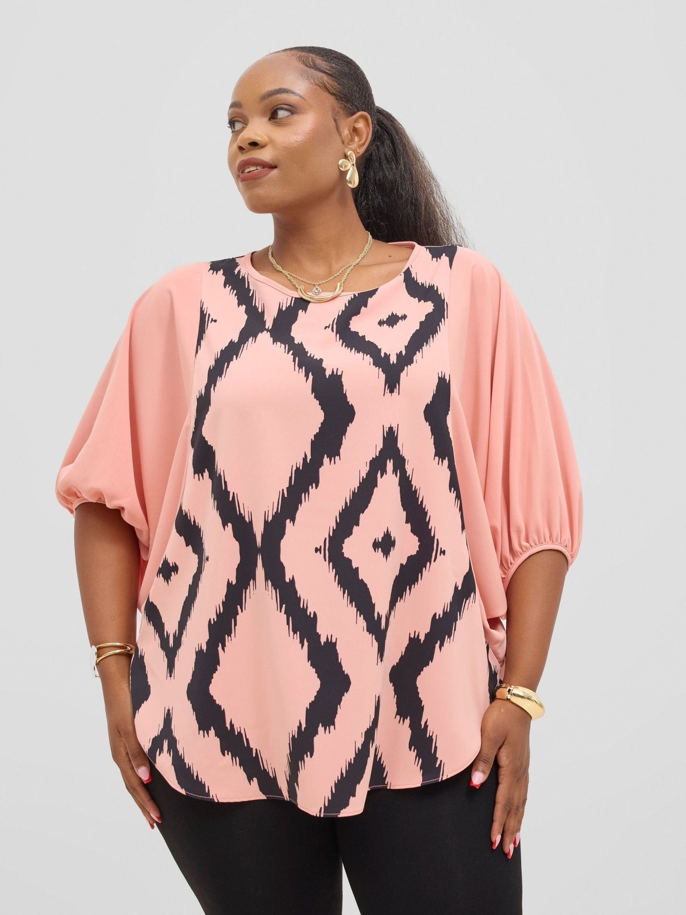 Vivo Seli Wide Top - Peach / Black Esli Print - Shopzetu