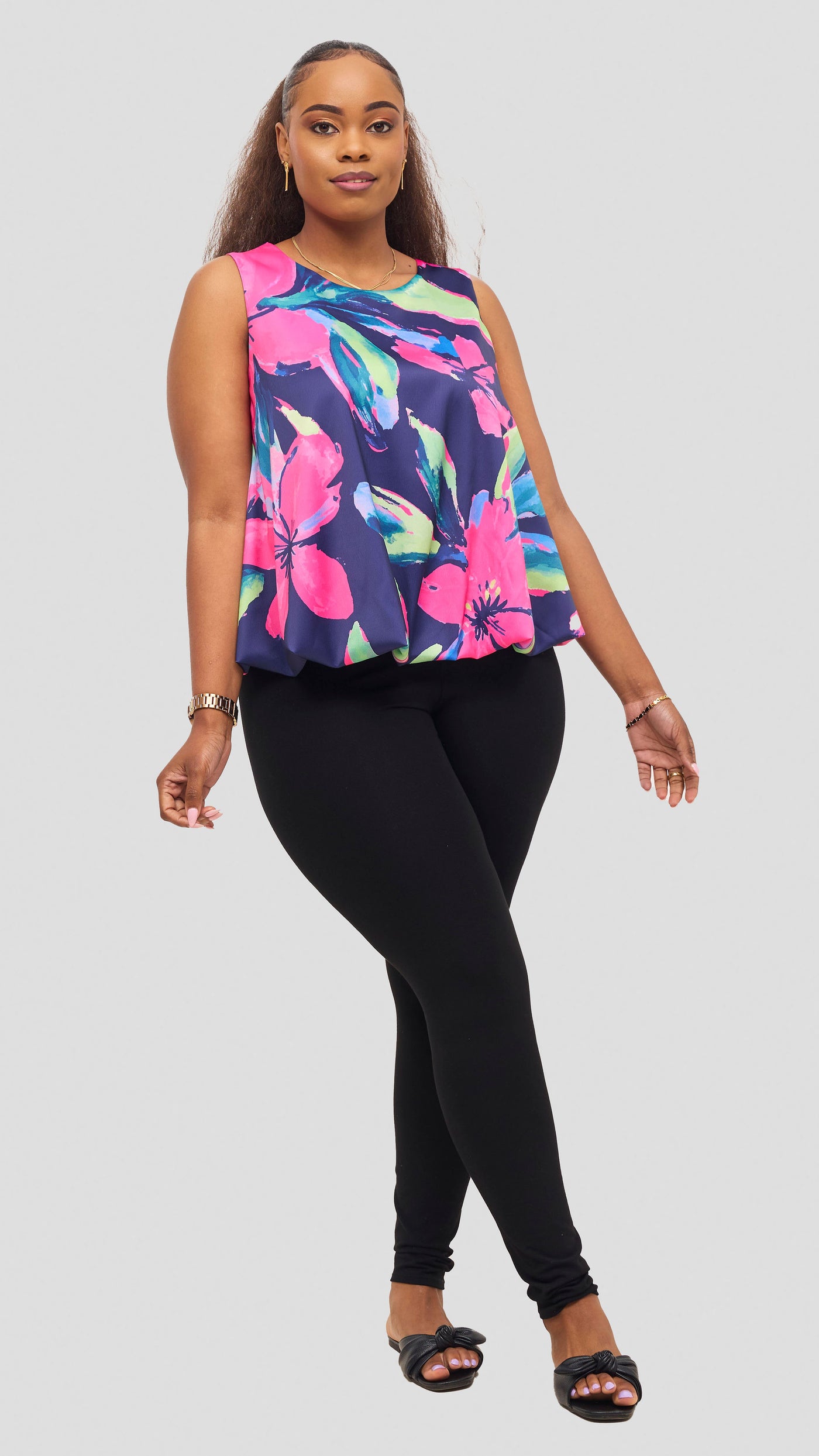 Vivo Iyana Bubble Sleeveless Top - Fuschia / Green Iya Print
