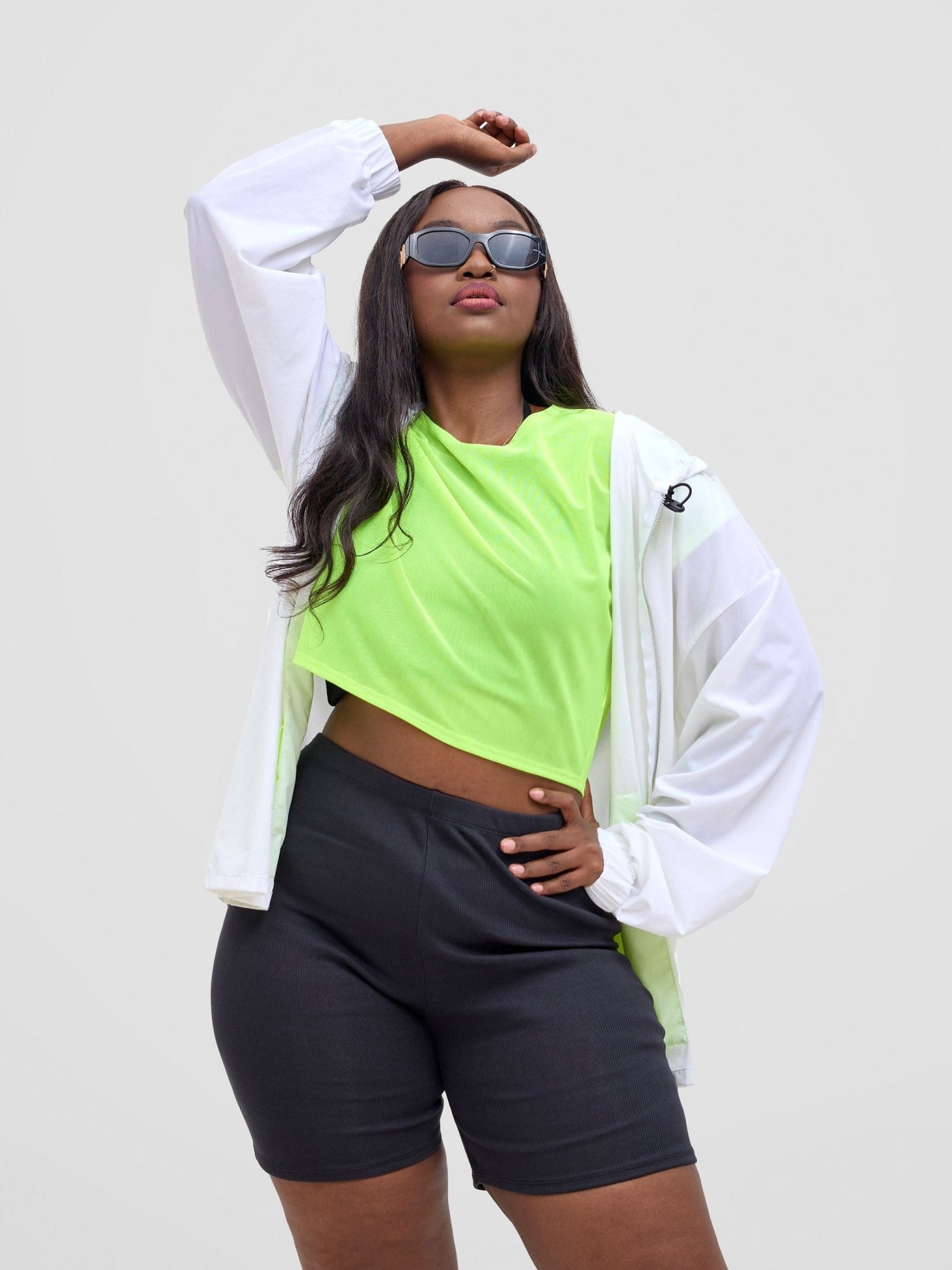 Zoya Vasha Hooded Jacket - White / Neon Green - Shopzetu