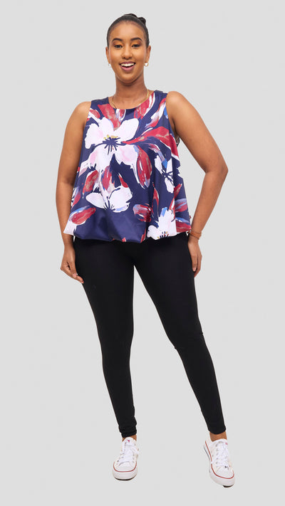 Vivo Iyana Bubble Sleeveless Top - Navy / Dark Red Iya Print