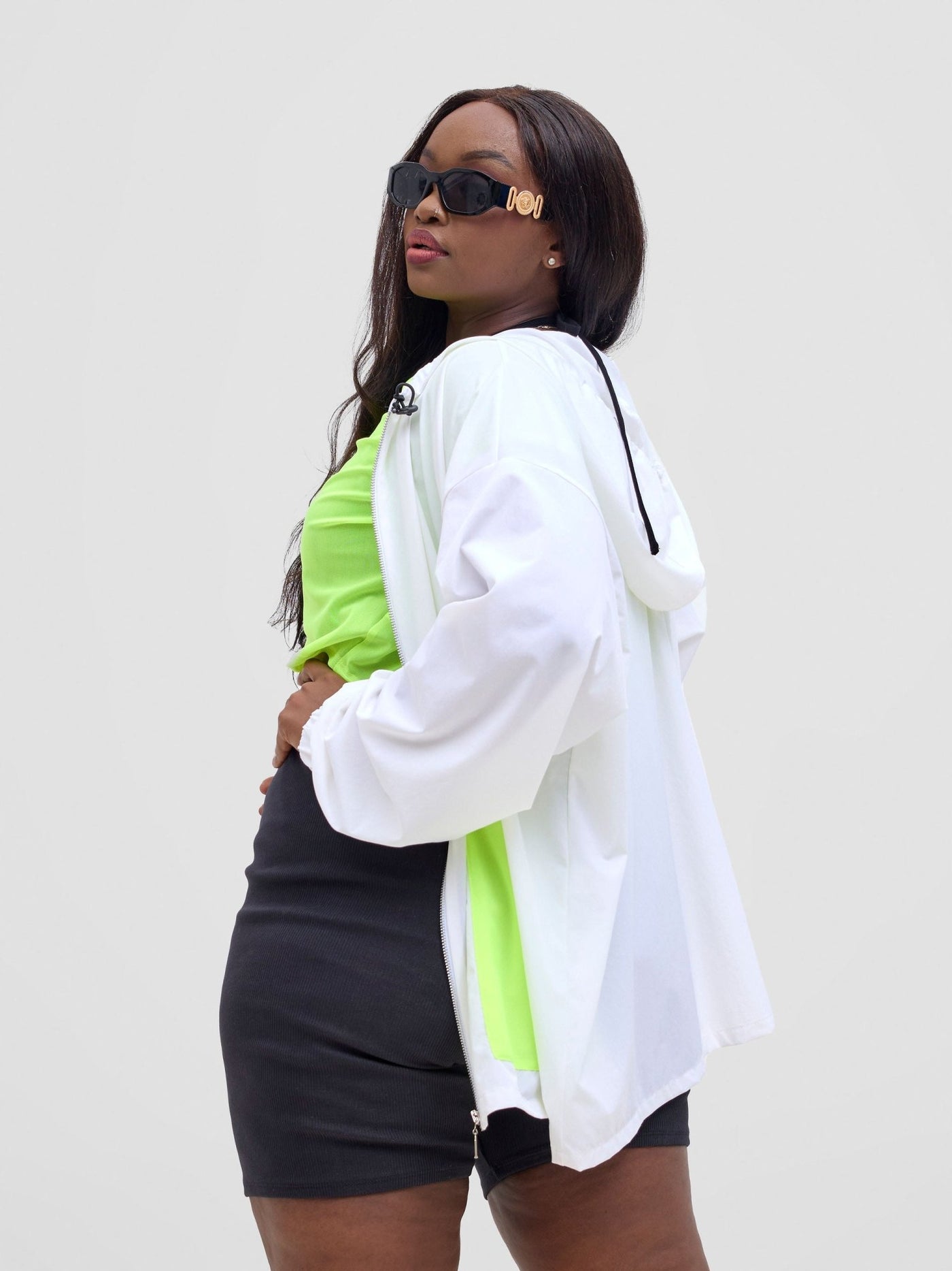 Zoya Vasha Hooded Jacket - White / Neon Green - Shopzetu