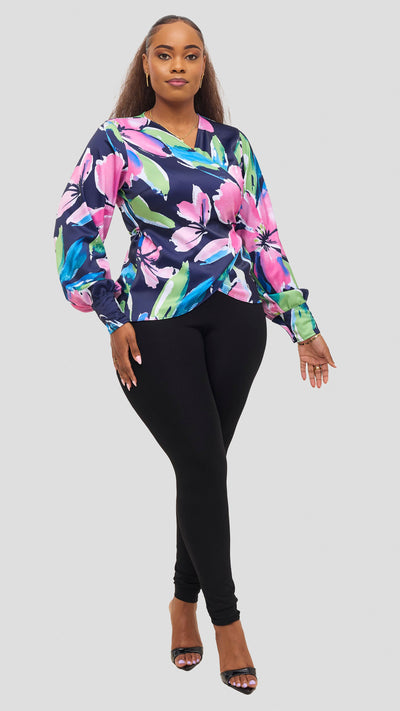 Vivo Merika Satin Wrap Top - Green / Pink Iya Print