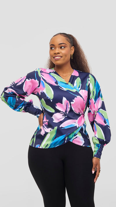 Vivo Merika Satin Wrap Top - Green / Pink Iya Print