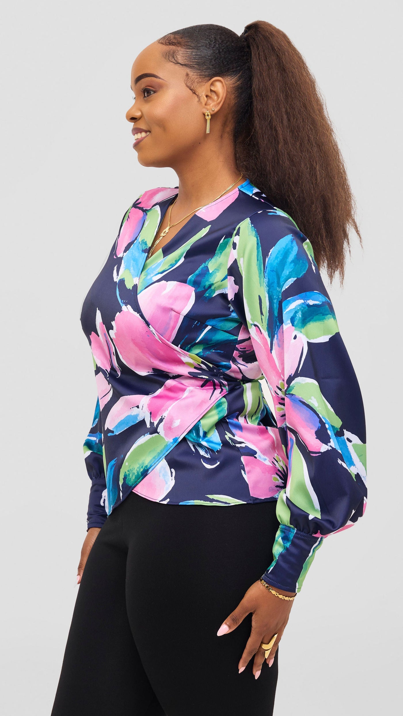 Vivo Merika Satin Wrap Top - Green / Pink Iya Print