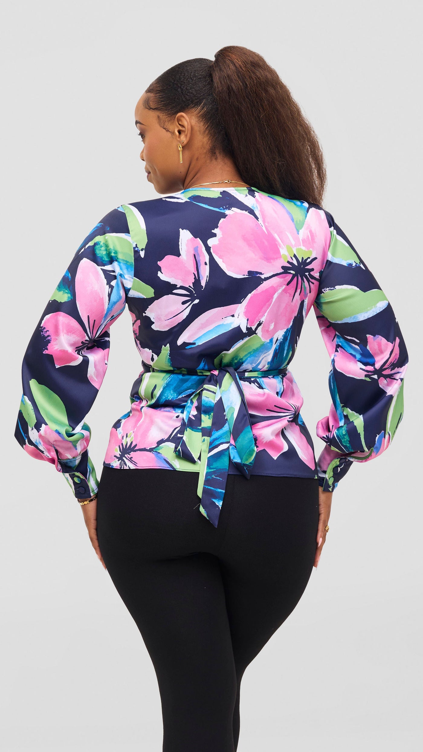 Vivo Merika Satin Wrap Top - Green / Pink Iya Print