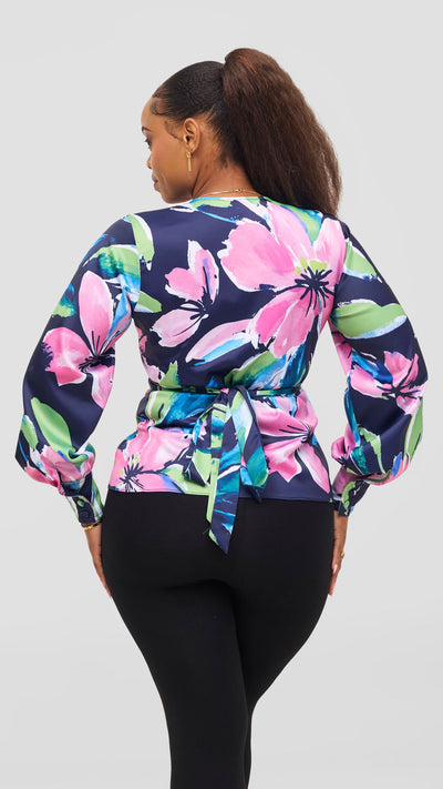 Vivo Merika Satin Wrap Top - Green / Pink Iya Print