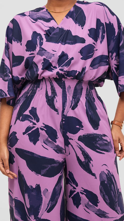 Vivo Iyana Shirred Waist Jumpsuit - Pastel Purple / Navy Iya Print
