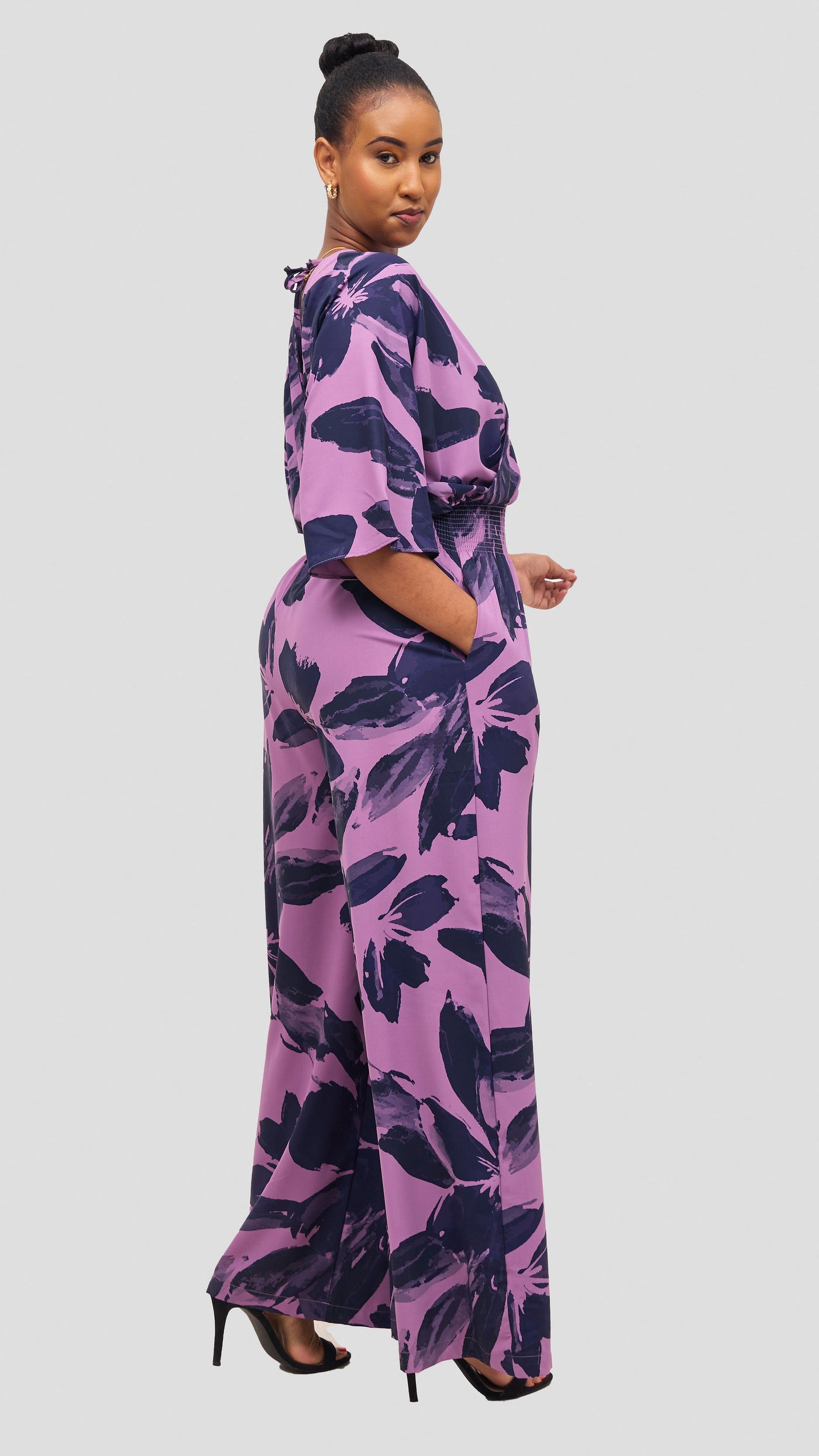 Vivo Iyana Shirred Waist Jumpsuit - Pastel Purple / Navy Iya Print