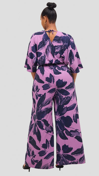 Vivo Iyana Shirred Waist Jumpsuit - Pastel Purple / Navy Iya Print