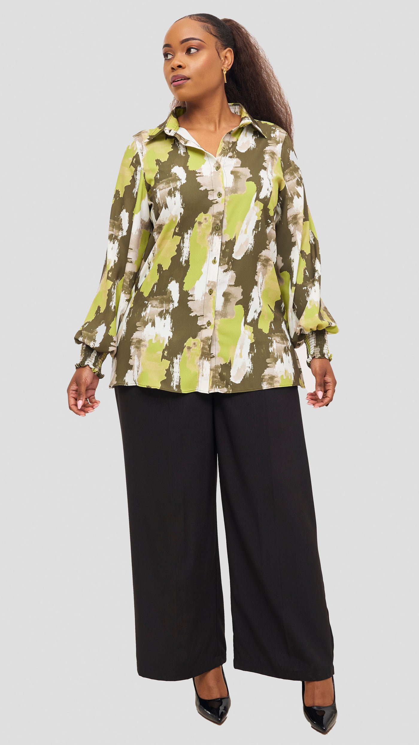 Vivo Wastani Shirred Easy Fit Shirt - Lime / Hunters Marra Print