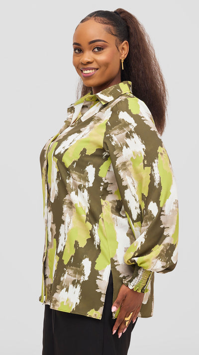 Vivo Wastani Shirred Easy Fit Shirt - Lime / Hunters Marra Print