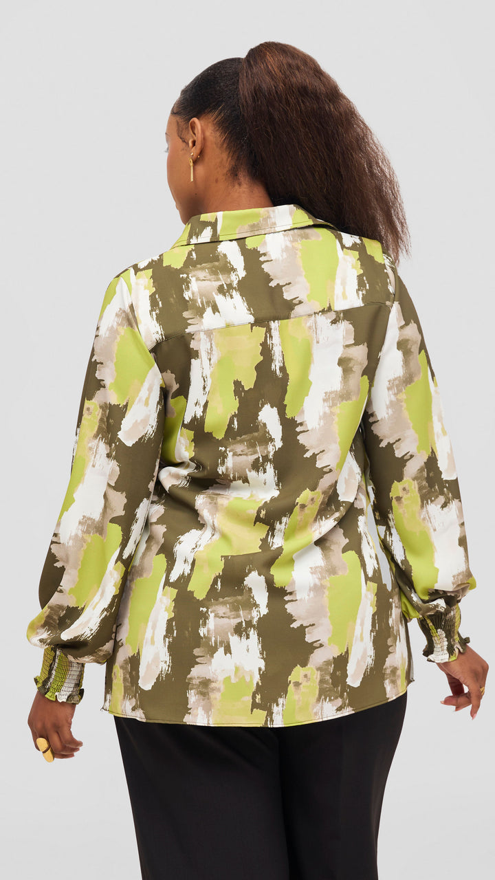 Vivo Wastani Shirred Sleeve Easy Fit Shirt - Lime / Hunters Marra Print