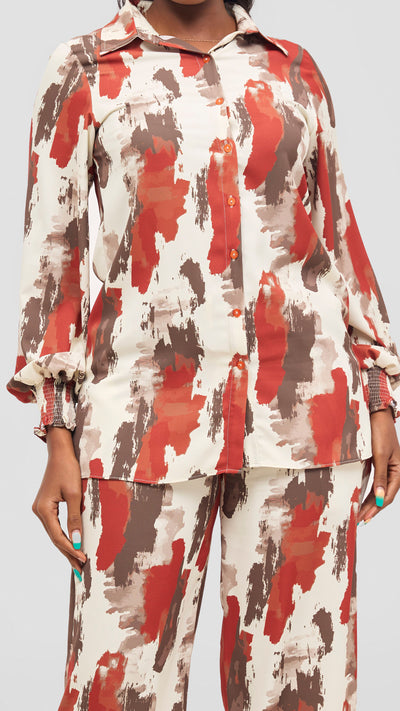 Vivo Wastani Shirred Easy Fit Shirt - Rust / Brown Marra Print