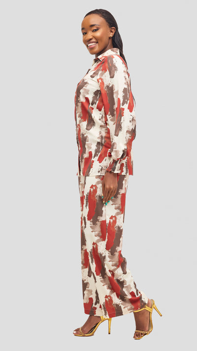 Vivo Wastani Shirred Easy Fit Shirt - Rust / Brown Marra Print