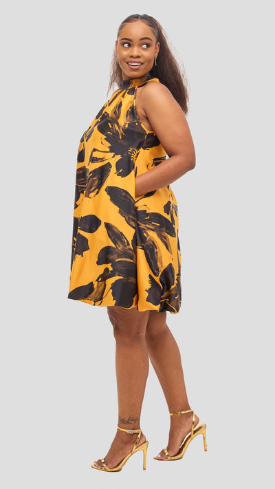 Vivo Iyana Bow Tie Mini Dress - Mustard / Black Iya Print