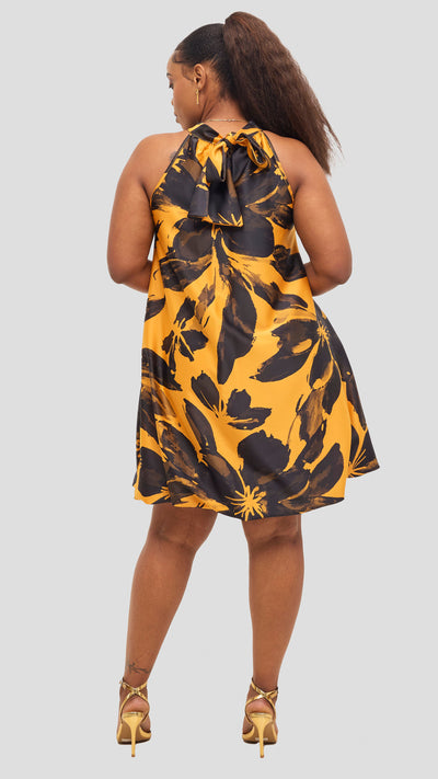 Vivo Iyana Bow Tie Mini Dress - Mustard / Black Iya Print