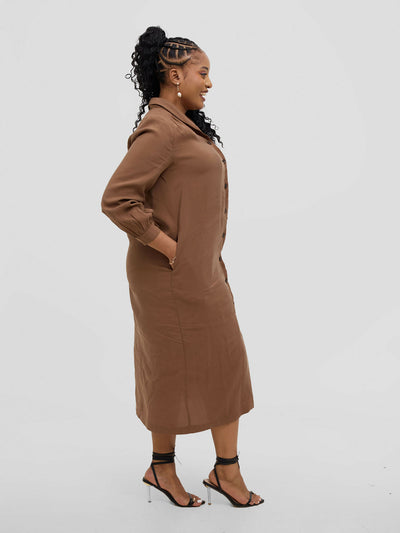 Hessed Long Sleeved Down Buttoned Dress - Brown - Shopzetu