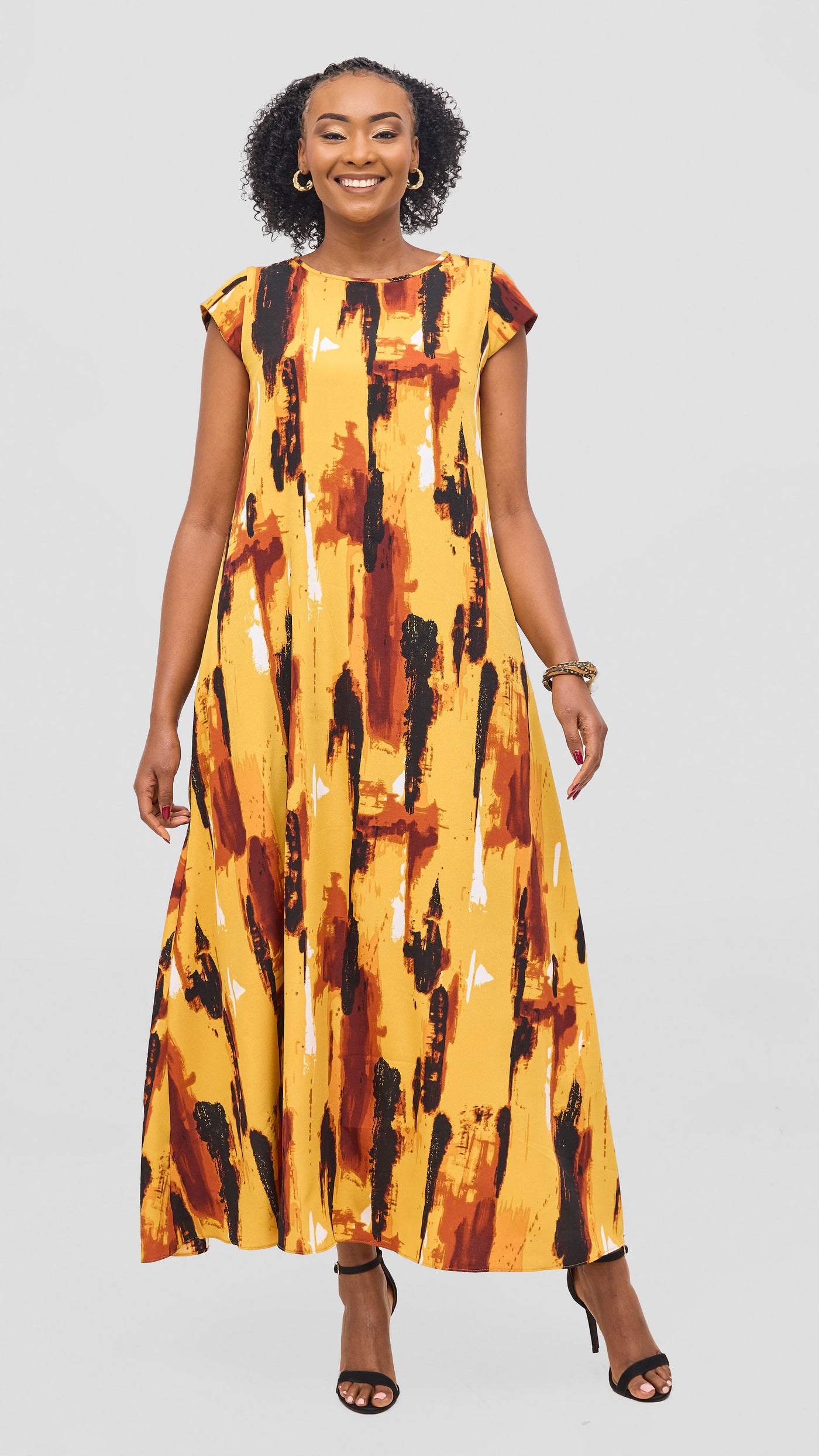 Vivo Basic Cap Sleeve Maxi Tent Dress - Mustard / Black Print