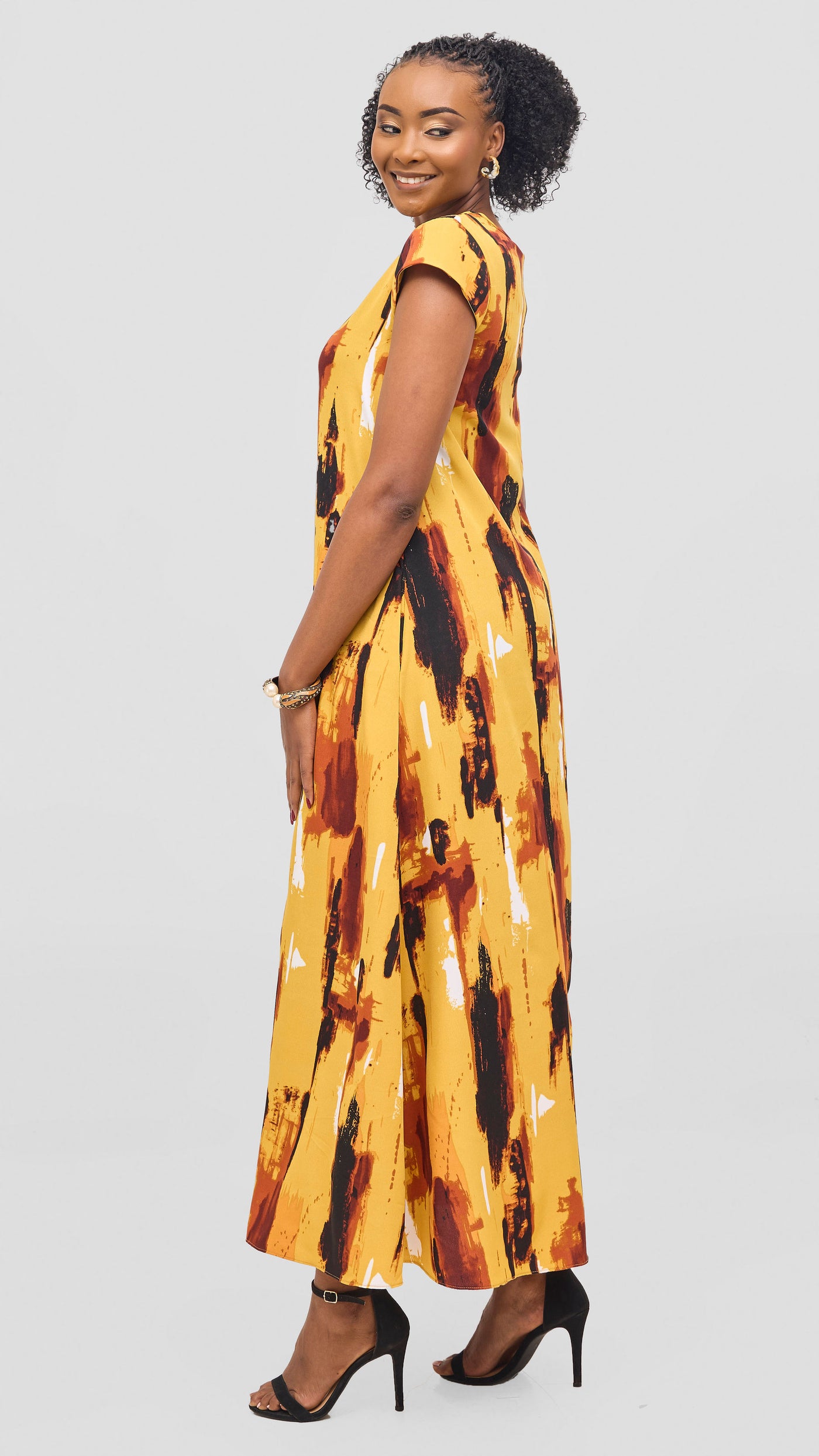 Vivo Basic Cap Sleeve Maxi Tent Dress - Mustard / Black Print