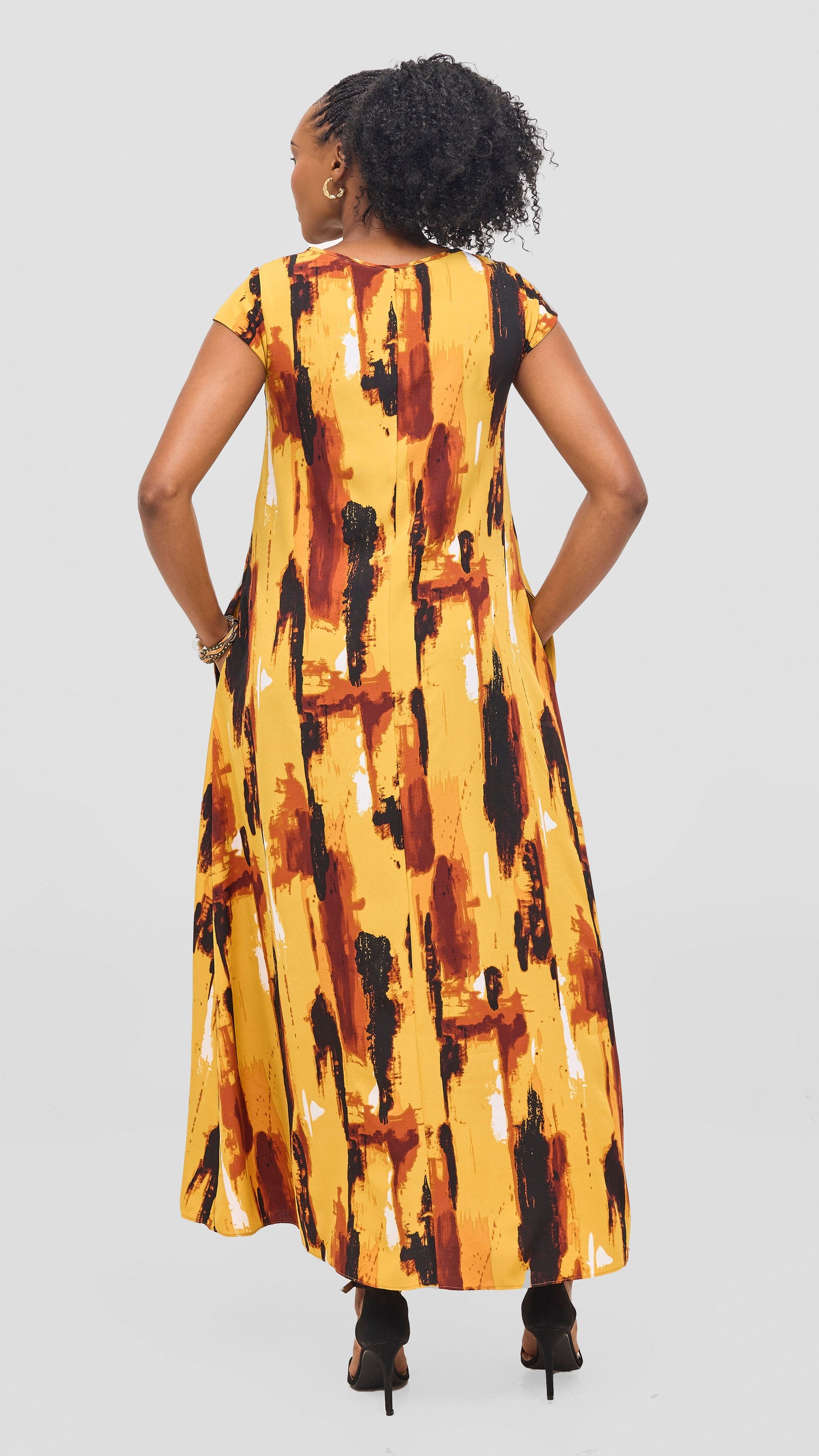 Vivo Basic Cap Sleeve Maxi Tent Dress - Mustard / Black Print