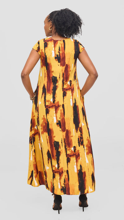 Vivo Basic Cap Sleeve Maxi Tent Dress - Mustard / Black Print