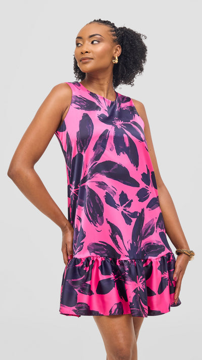 Vivo Iyana Bow Tie Mini Dress - Fuschia / Navy Iya Print