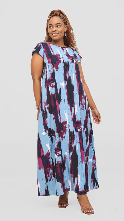 Vivo Basic Cap Sleeve Maxi Tent Dress - Blue / Black Print