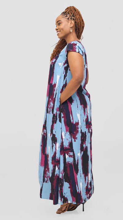 Vivo Basic Cap Sleeve Maxi Tent Dress - Blue / Black Print