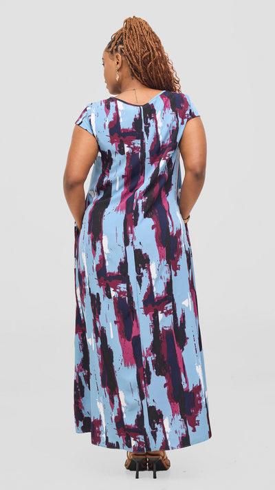 Vivo Basic Cap Sleeve Maxi Tent Dress - Blue / Black Print