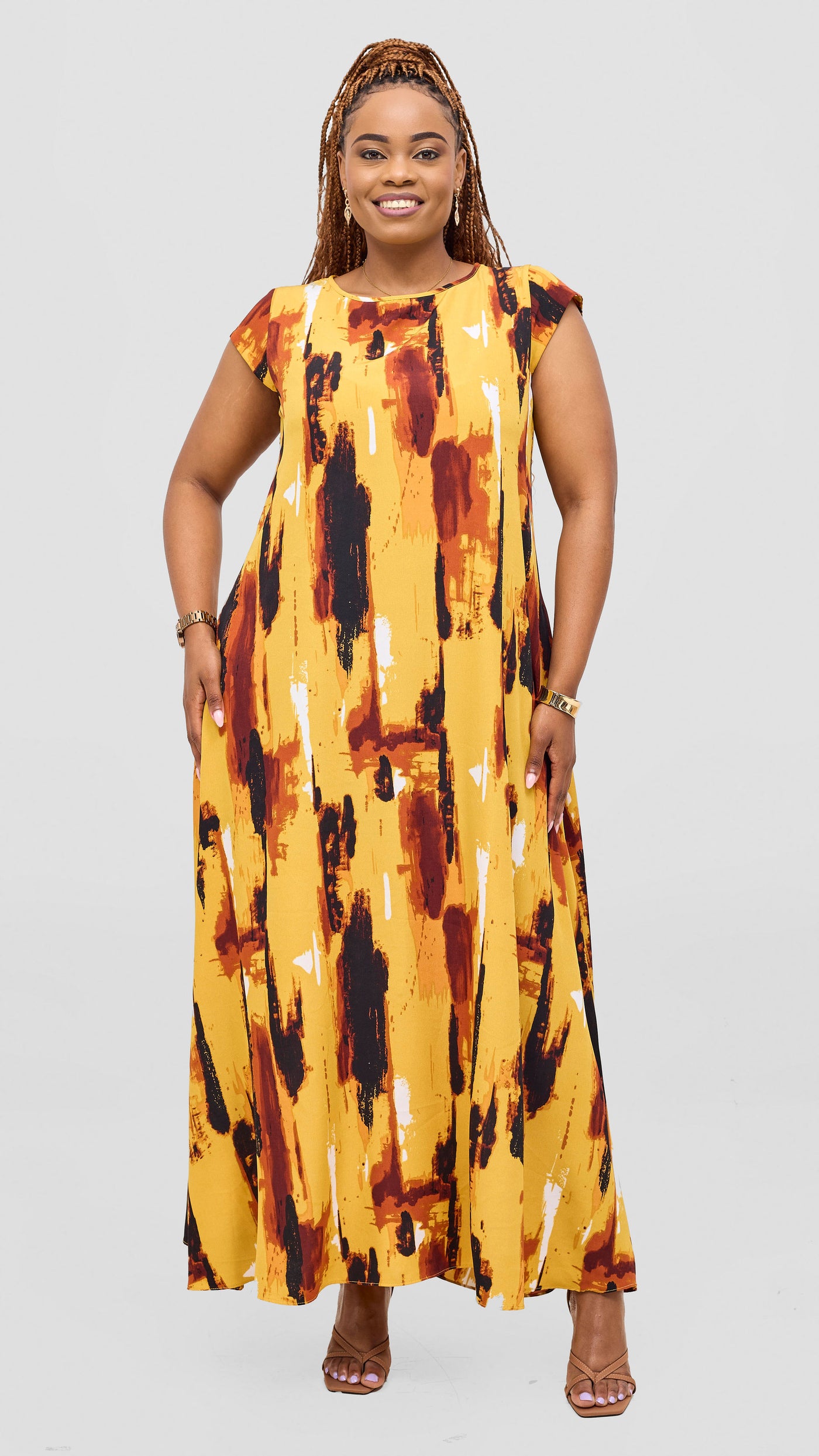 Vivo Basic Cap Sleeve Maxi Tent Dress - Mustard / Black Print