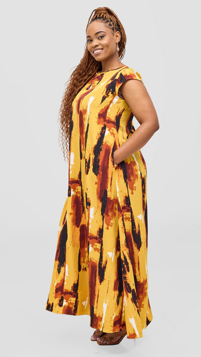 Vivo Basic Cap Sleeve Maxi Tent Dress - Mustard / Black Print