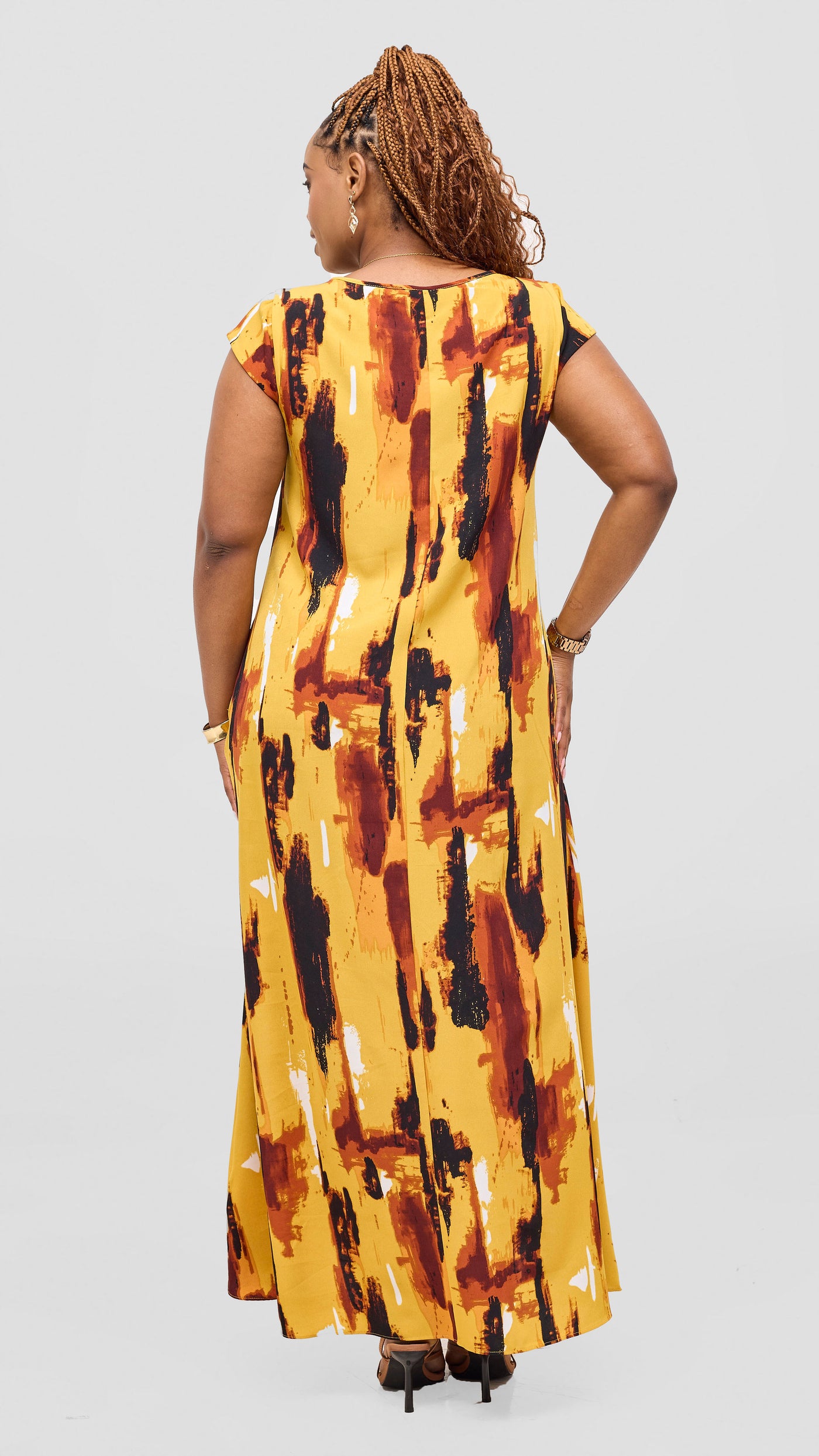Vivo Basic Cap Sleeve Maxi Tent Dress - Mustard / Black Print